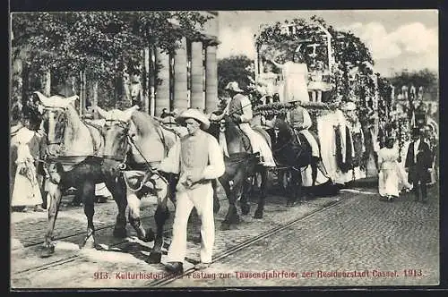 AK Kassel, Tausendjahrfeier, Kulturhistorischer Festzug 1913, schön geschmückter Festwagen