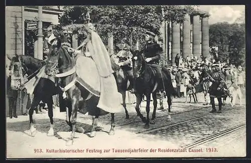 AK Kassel, Tausendjahrfeier, Kulturhistorischer Festzug 1913, Brautpaar zu Pferd
