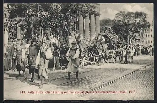 AK Kassel, Tausendjahrfeier, Kulturhistorischer Festzug 1913, geschmücktes Fass auf einem Festwagen