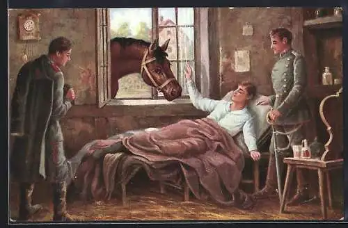 Künstler-AK Ein lieber Besuch, verwundeter Soldat mit Pferd