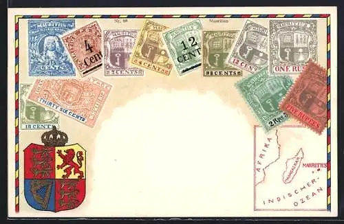 AK Mauritius, Briefmarken mit Landkarte und Wappen