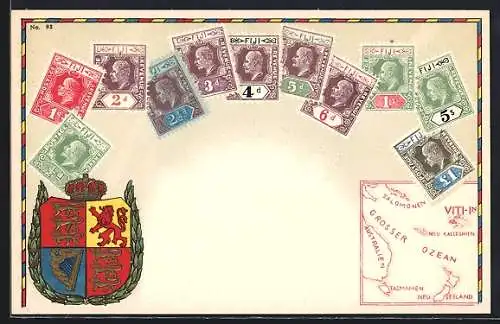 AK Fiji, Briefmarken, Wappen und Landkarte