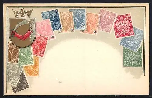 AK Briefmarken und Wappen Bosniens, Krone, Ritter mit Schwert