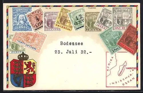 AK Mauritius, Briefmarken mit Landkarte und Wappen