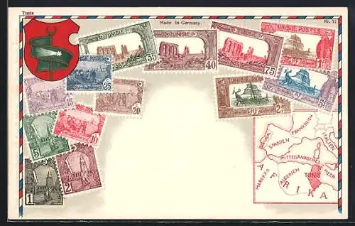 AK Briefmarken und Wappen aus Tunesien