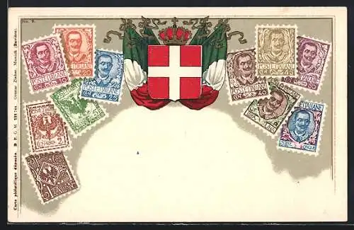 AK Italien, Briefmarken mit Wappen