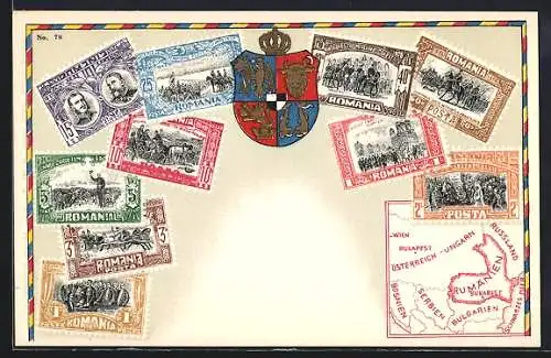 AK Rumänische Briefmarken, Wappen, Europakarte
