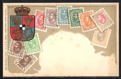 AK Briefmarken mit Wappen von Rumänien