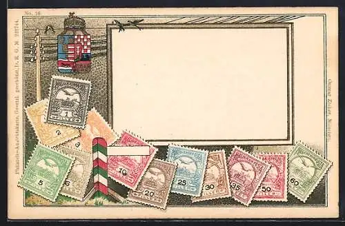 AK ungarische Briefmarken, Wappen oben, Schwalben auf einem Draht sitzend