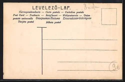 AK ungarische Briefmarken, Wappen oben, Schwalben auf einem Draht sitzend