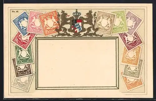 AK Bayern, Briefmarken mit Wappen, um 1900