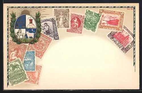 AK Uruguay, Wappen & versch. Briefmarken