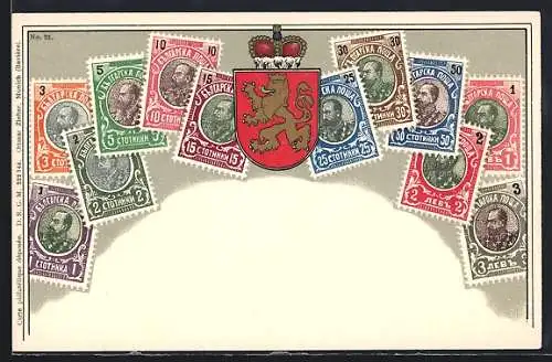 AK Briefmarken und Wappen mit goldenem Löwen