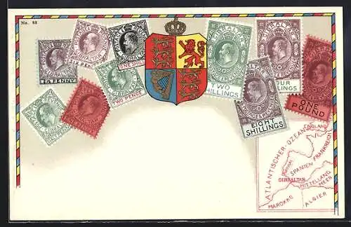 AK Briefmarken aus Gibraltar, Landkarte unten