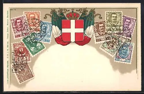 AK Briefmarken aus Italien mit Wappen, Flaggen und Krone
