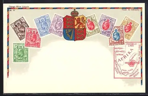 AK Orange River Colonie, Afrika, Briefmarken mit Wappen