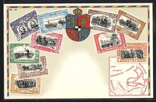 AK Rumänische Briefmarken, Wappen, Europakarte