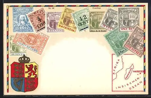 AK Mauritius, Briefmarken mit Landkarte und Wappen