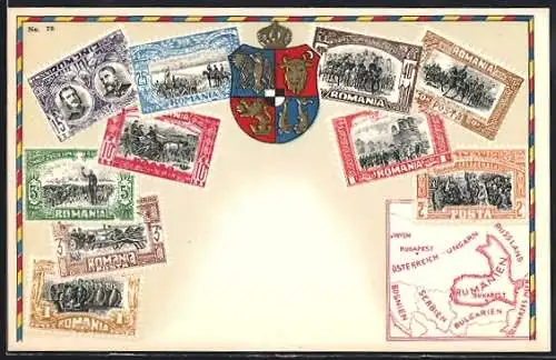 AK Rumänische Briefmarken, Wappen, Europakarte