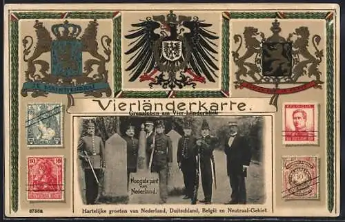AK Vierländerkarte - Zollbeamte an Grenzstein, Deutsche, niederl. u. belg. Wappen und Briefmarken