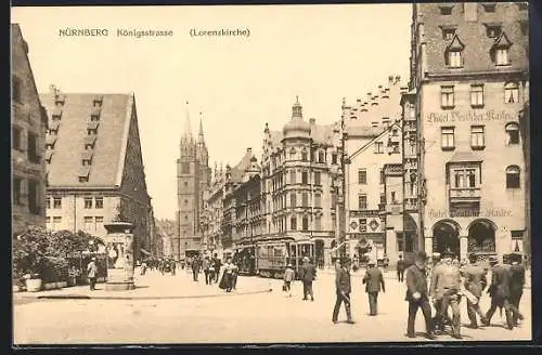 AK Nürnberg, Königstrasse mit Lorenzkirche, Strassenbahn