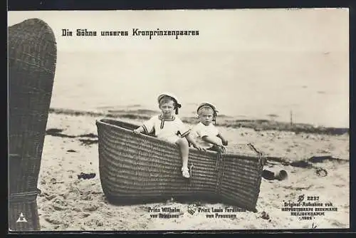 AK Prinz Wilhelm und Prinz Louis Ferdinand von Preussen posieren in einem umgekippten Strandkorb