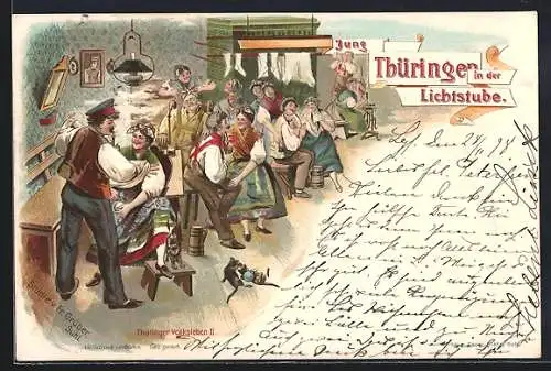 Lithographie Männer und Frauen in thüringischer Tracht, Jung Thüringer in der Spinnstube