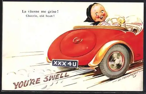 Künstler-AK Douglas Tempest: Cheerio, Old Bean!, Mädchen fährt erfreut in ihrem Cabrio