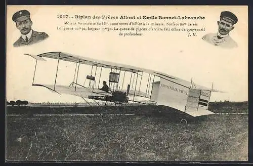 AK Doppeldecker-Flugzeug Albert et Emile Bonnet Labranche