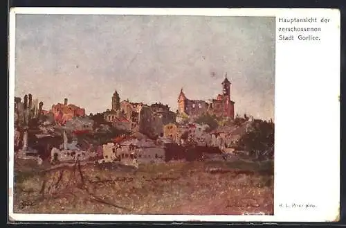 Künstler-AK Karl Ludwig Prinz: Hauptansicht der zerschossenen Stadt Gorlice, Rotes Kreuz