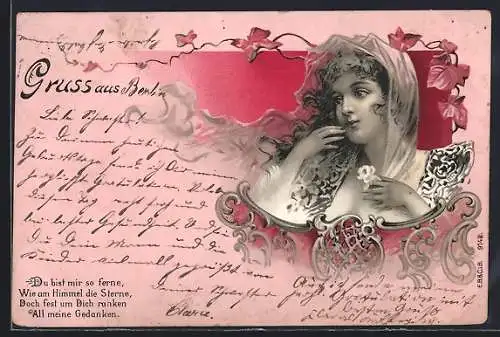 Lithographie junge Dame hält eine Rose in der Hand, Jugendstil