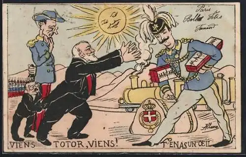 AK Viens Totor, viens!, Karikaturen, Loubet und Vittorio Emanuele