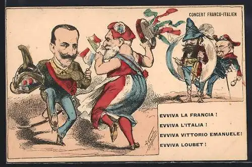 Künstler-AK Karikatur, Concert Franco-Italien, Präsident Emile Loubet tanzt mit König Vittorio Emanuele III. von Italien