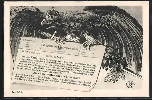 Künstler-AK Deutscher Reichsadler mit Krone bringt Telegramm des kleinen Kreuzers Augsburg