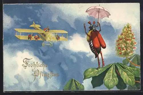 Künstler-AK Maikäfer mit Regenschirm auf einer Kastanie begrüsst Flugzeug mit Maikäfern, Pfingstgruss