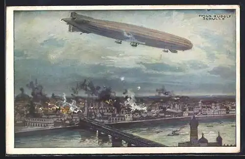 Künstler-AK Hans Rudolf Schulze: Warschau, Luftschiff Schütte-Lanz, Warschau bombardierend