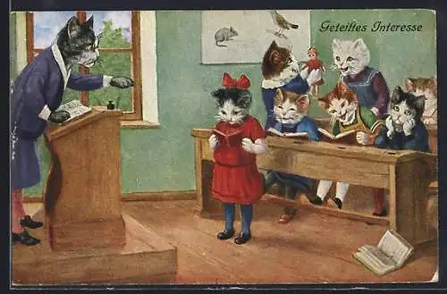 AK Geteiltes Interesse, vermenschlichte Katzenkinder spielen im Unterricht mit einer Puppe