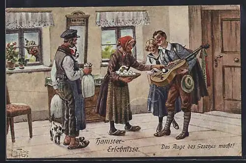 Künstler-AK Arthur Thiele: Bauern übergeben freundlichen Städtern Eier