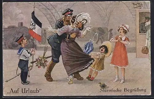 Künstler-AK Arthur Thiele: Auf Urlaub: Soldat begrüsst seine Frau stürmisch bei ihrem Wiedersehen
