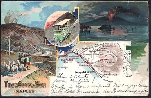 Lithographie Naples, Thos Cook & Son, Bergbahn, Blick zum feuerspuckenden Vulkan
