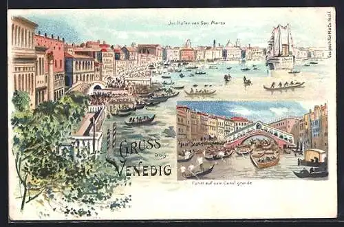 Lithographie Venedig, Fahrt auf dem Canal grande, Im Hafen von San Marco