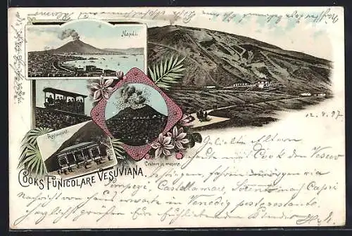 Lithographie Napoli, Cooks Funicolare Vesuviana, Restaurant, Cratere en eruzione