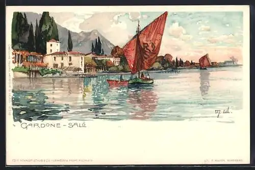 Künstler-AK Manuel Wielandt: Gardone, Saló, Segelboot auf dem Wasser