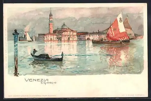 Künstler-AK Manuel Wielandt: Venezia - Venedig, S. Giorgio, Gondel & Segelboot auf dem Grande Canal