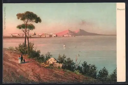 Lithographie Napoli, Gesamtansicht mit Vesuv