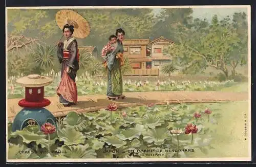 Lithographie Japon, Geisha mit Papierschirm, Mutter mit ihrem Jungen