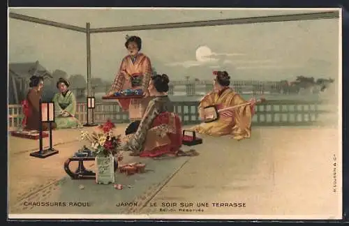 AK Reklame Schuhhersteller Chaussures Raoul, Geisha's auf der Terrasse