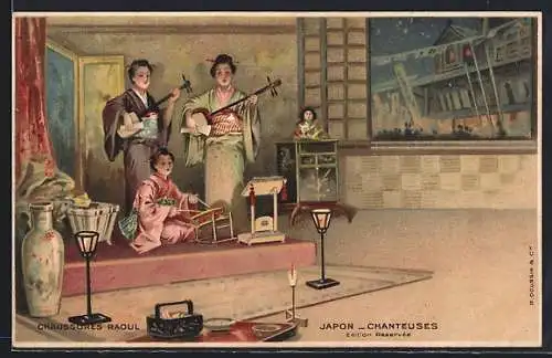 AK Japon, Chanteuses, Japan, Geishas beim Musizieren mit Chamisen, Chaussures Raoul