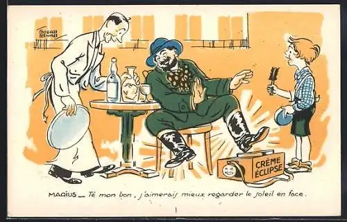 Künstler-AK Junge putzt einem Herrn die Schuhe mit Crème Éclipse-Schuhcreme