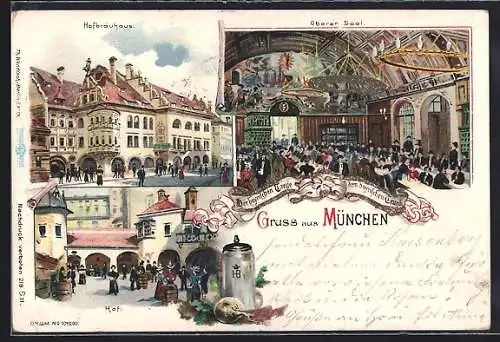 Lithographie München, Münchner Hofbräuhaus, Hof, Oberer Saal, Aussen- u. Innenansichten